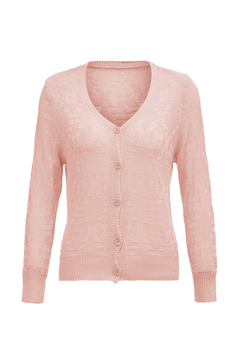 Ljust rosa stickad cardigan med v-ringad hals, långa ärmar och fem rosa knappar. Texturerat mönster genom hela plagget med ribbade muddarna och fållen.