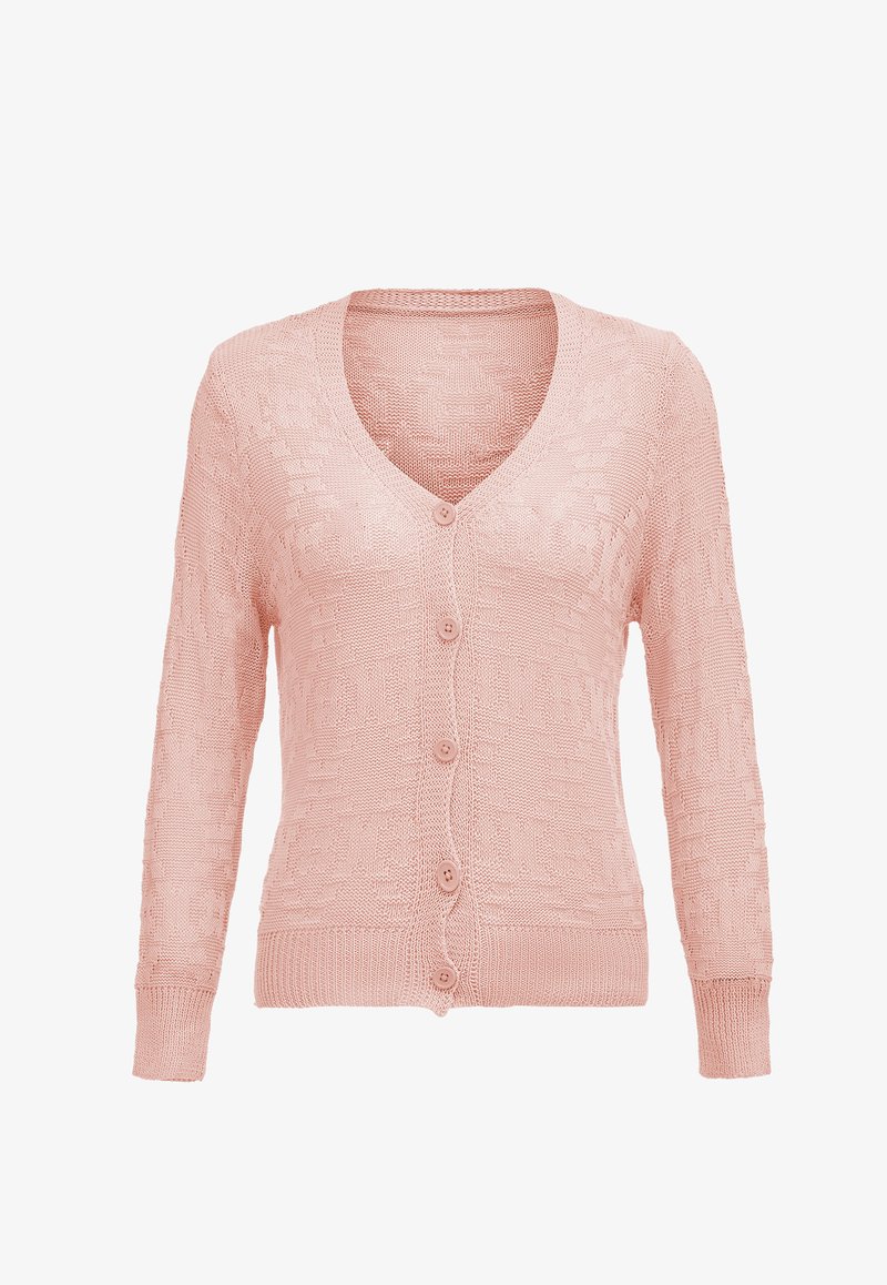 Világos rózsaszín kötött kardigán V-nyakkal, hosszú ujjal és öt rózsaszín gombbal. Texturált minta végig, bordás mandzsettákkal és szegéllyel.