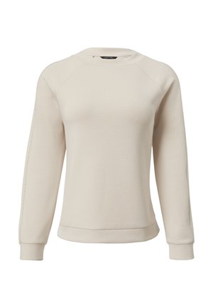 Light beige sweatshirt made of soft fabric. Features raglan sleeves, ribbed cuffs, and a crew neckline with subtle stitching details.