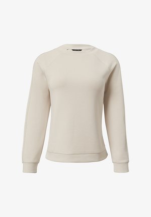 Light beige sweatshirt made of soft fabric. Features raglan sleeves, ribbed cuffs, and a crew neckline with subtle stitching details.