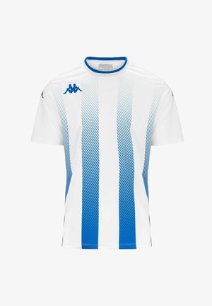 Maillot de sport à manches courtes blanc avec des rayures verticales bleues au motif dégradé. Encolure arrondie et logo Kappa sur la poitrine.