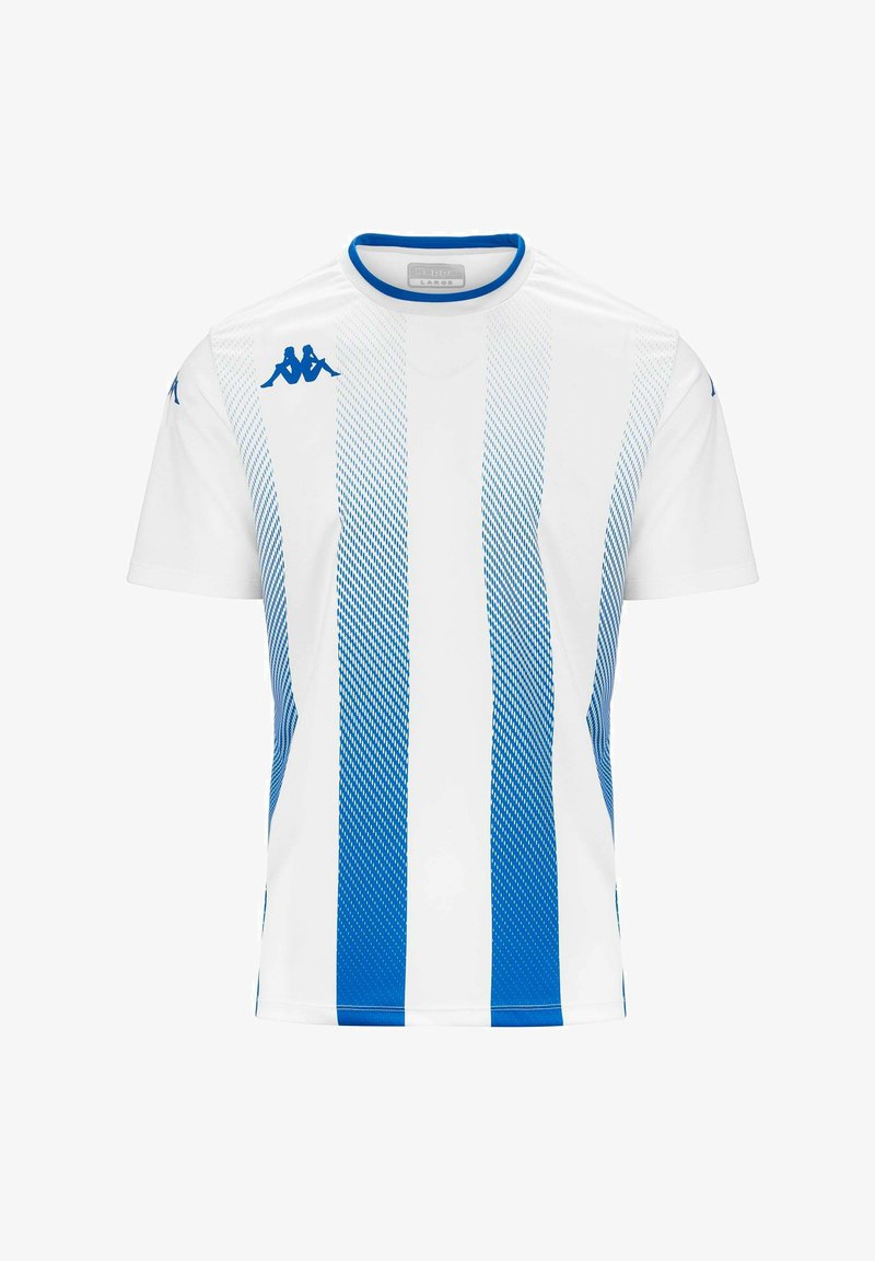 Maillot de sport à manches courtes blanc avec des rayures verticales bleues au motif dégradé. Encolure arrondie et logo Kappa sur la poitrine.