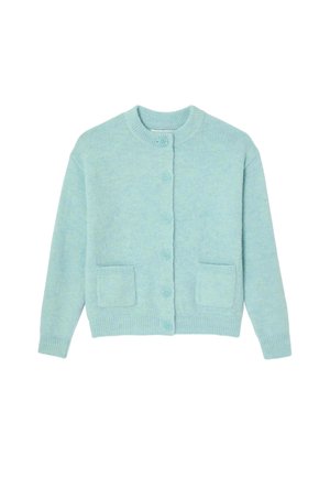Cardigan vert menthe en laine douce, avec un col rond, une fermeture à boutons et deux poches avant. Poignets et ourlet côtelés.