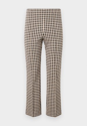 Black and cream gingham check trousers with a straight leg design, featuring a smooth fabric texture and a high-rise waistband.