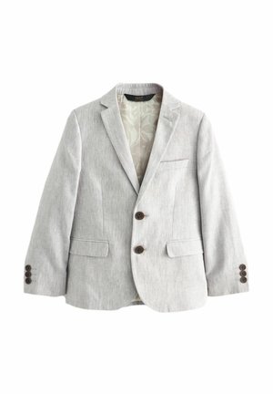 Blazer para hombre de color gris claro con solapas dentadas, dos botones delanteros, puños de tres botones y forro interior con estampado floral.