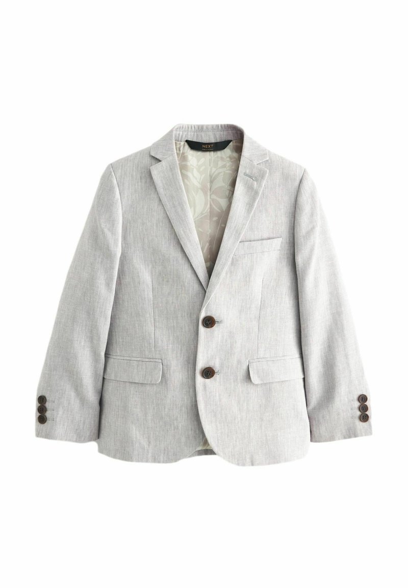Veste de costume homme gris clair à revers crantés, deux boutons à l'avant, poignets à trois boutons et doublure intérieure à motif floral.