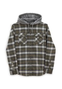 Chemise à carreaux olive verte, blanche et bleue, à boutons, avec deux poches poitrine et une capuche grise à cordons intégrée.