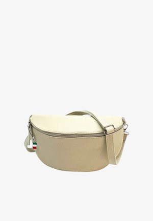 Crossbody-Tasche aus cremefarbenem und beigem Leder mit Reißverschluss und verstellbarem Riemen, versehen mit einem kleinen Reißverschlussanhänger in Form der italienischen Flagge.