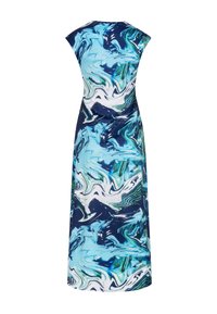 Maxikleid in blau-weißer Spiralmuster, mit kurzen Ärmeln, tailliert, aus fließendem Stoff, mit glatter Textur und knielanger Länge.