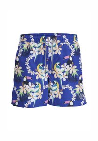 Mannen zwemshorts in helderblauw met een tropische print van toekans en bloemen. Gemaakt van lichtgewicht, snel drogend materiaal. Elastische tailleband.