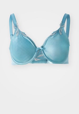 Plavi satenski grudnjak s kostima, s čipkastim detaljima na košaricama, podesivim trakama i mašnom u sredini. Glatka tekstura i oblik s potporom.