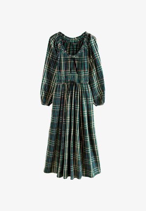 Kariertes Kleid in Grün, Rot und Blau mit langen Ärmeln, gerafftem Ausschnitt und elastischem Bund. Volles, fließendes Rockteil mit Falten.