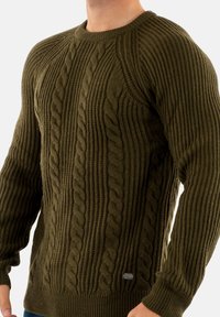 Maglione in cable knit verde oliva con texture a coste, scollo rotondo e maniche lunghe. Presenta una piccola etichetta con logo sull'orlo.