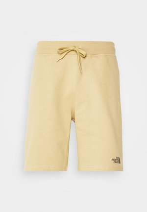 Lichtgele katoenen shorts met een elastische tailleband met trekkoord, zijnaad en een logo in donkergrijs op het linkerpijp.