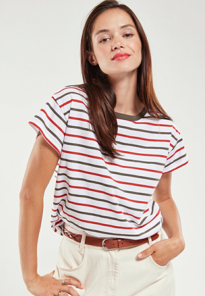 T-shirt Armor Lux Blanc Rayé Bleu - Taille M 38/40, Brodé Renault French Touch - Fabriqué En France, Vintage