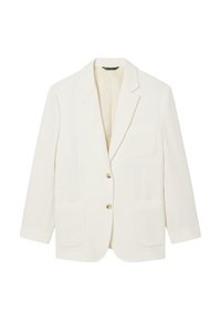 Blazer bianco su misura con due bottoni frontali, tre tasche a toppa e rever a taglio, esposto su uno sfondo bianco semplice.