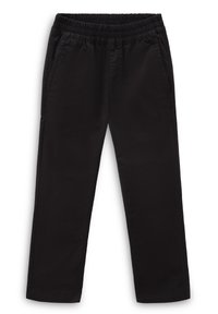 Svarta byxor med elastisk midja, tillverkade av slät tyg, med sidofickor och rakad design. Inga synliga mönster eller detaljer.