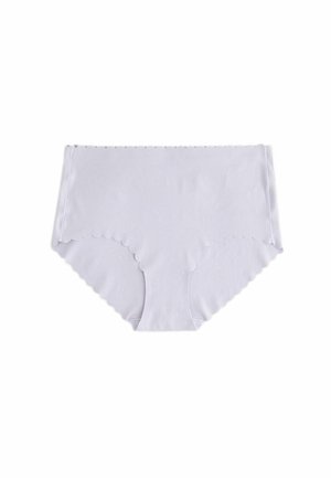 White cotton hipster underwear with scalloped edges, smooth texture, and seamless design. No visible hardware or patterns.