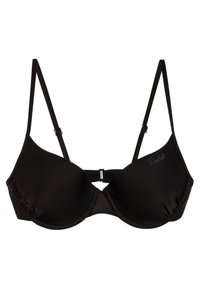 Zwarte beha met onderdraden, licht gevoerde cups, verstelbare banden en een platte sluiting op de rug, met een subtiele logo detail.