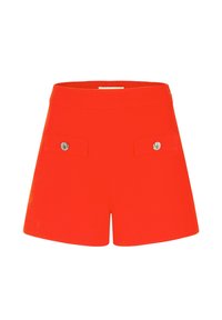 Pantaloni rossi realizzati in un tessuto strutturato, caratterizzati da una vita alta, due tasche frontali con chiusura a pressione e una forma pulita e sartoriale.