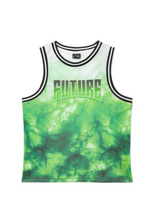 Canotta sportiva senza maniche in rete con effetto tie-dye verde e bianco, rifinita con bordi a righe nere e bianche e la scritta "FUTURE" stampata sul petto.