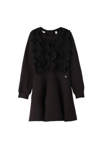 Schwarzes Kleid mit langen Ärmeln, das ein gerafftes Design im Oberteil und einen ausgestellten Rock hat. Weicher Stoff mit einem schlichten runden Ausschnitt.