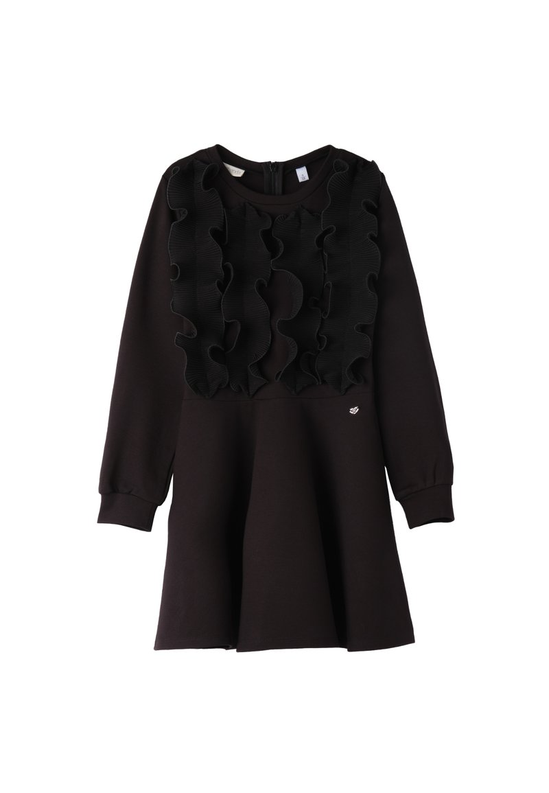 Schwarzes Kleid mit langen Ärmeln, das ein gerafftes Design im Oberteil und einen ausgestellten Rock hat. Weicher Stoff mit einem schlichten runden Ausschnitt.