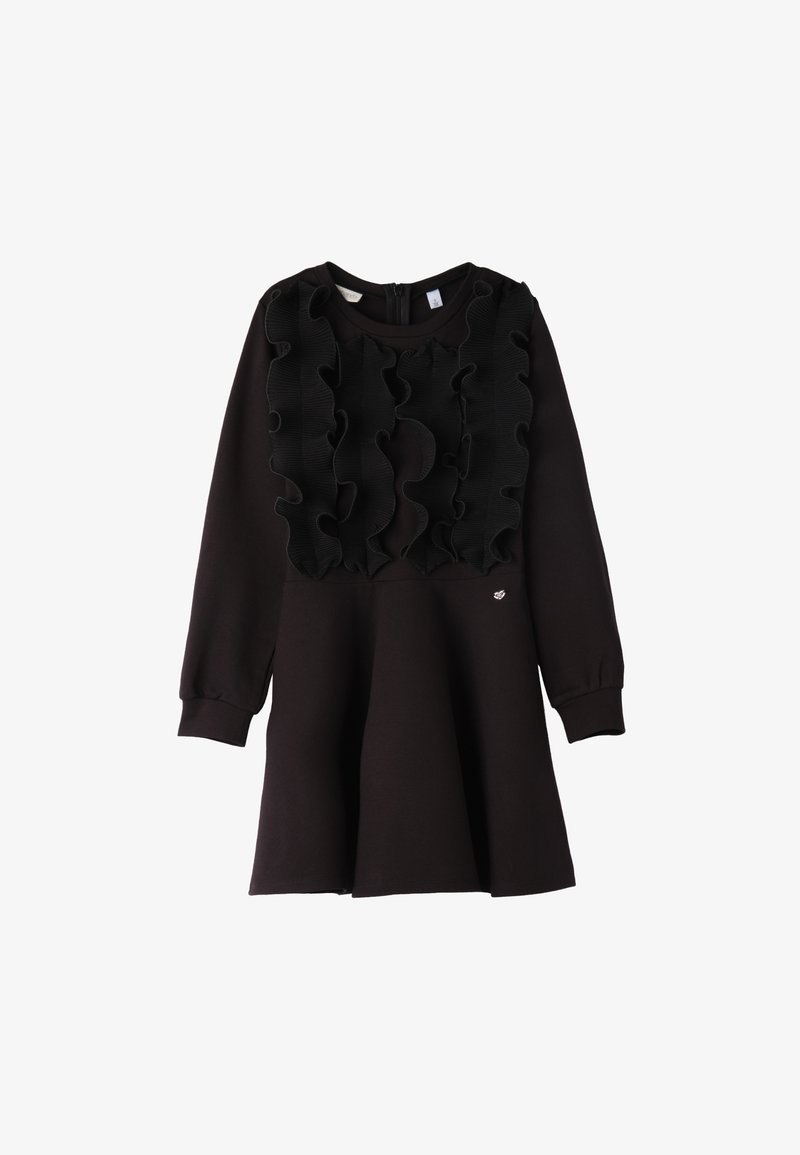 Schwarzes Kleid mit langen Ärmeln, das ein gerafftes Design im Oberteil und einen ausgestellten Rock hat. Weicher Stoff mit einem schlichten runden Ausschnitt.