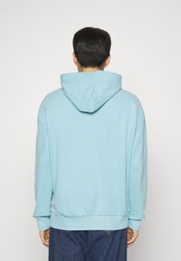 Felpa blu chiaro con cappuccio regolabile, polsini e orlo a coste. Tessuto morbido con una vestibilità comoda, indossata con jeans blu scuri.