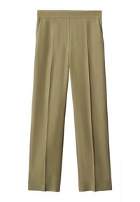 Pantalon beige à jambes droites avec devant plat, poches latérales et taille mi-haute, convenant pour une tenue formelle ou décontractée professionnelle.