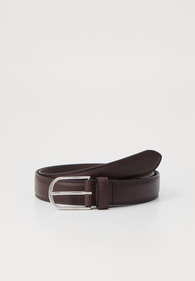 Brown leather belt with a textured finish, featuring a metal silver buckle and a loop for securing the end. Flat shape, smooth edges.