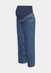 Jeans de maternidade com uma cintura elástica azul escura, em denim azul claro. Apresenta um corte clássico com fecho de botão e pernas retas.