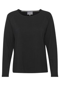 Schwarzes Langarmshirt aus weichem Stoff. Mit Rundhalsausschnitt und Raglanärmeln. Einfaches Design ohne sichtbare Muster oder Grafiken.