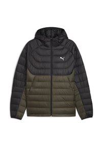 Hættepufferjakke med lynlås, sort overdel og ærmer, olivengrøn underdel og hvid Puma-logo på brystet.