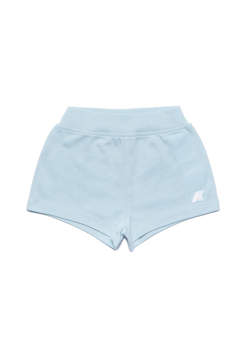 Shorts in cotone azzurro chiaro con vita alta, caratterizzati da una finitura testurizzata e un piccolo logo bianco sul lato.