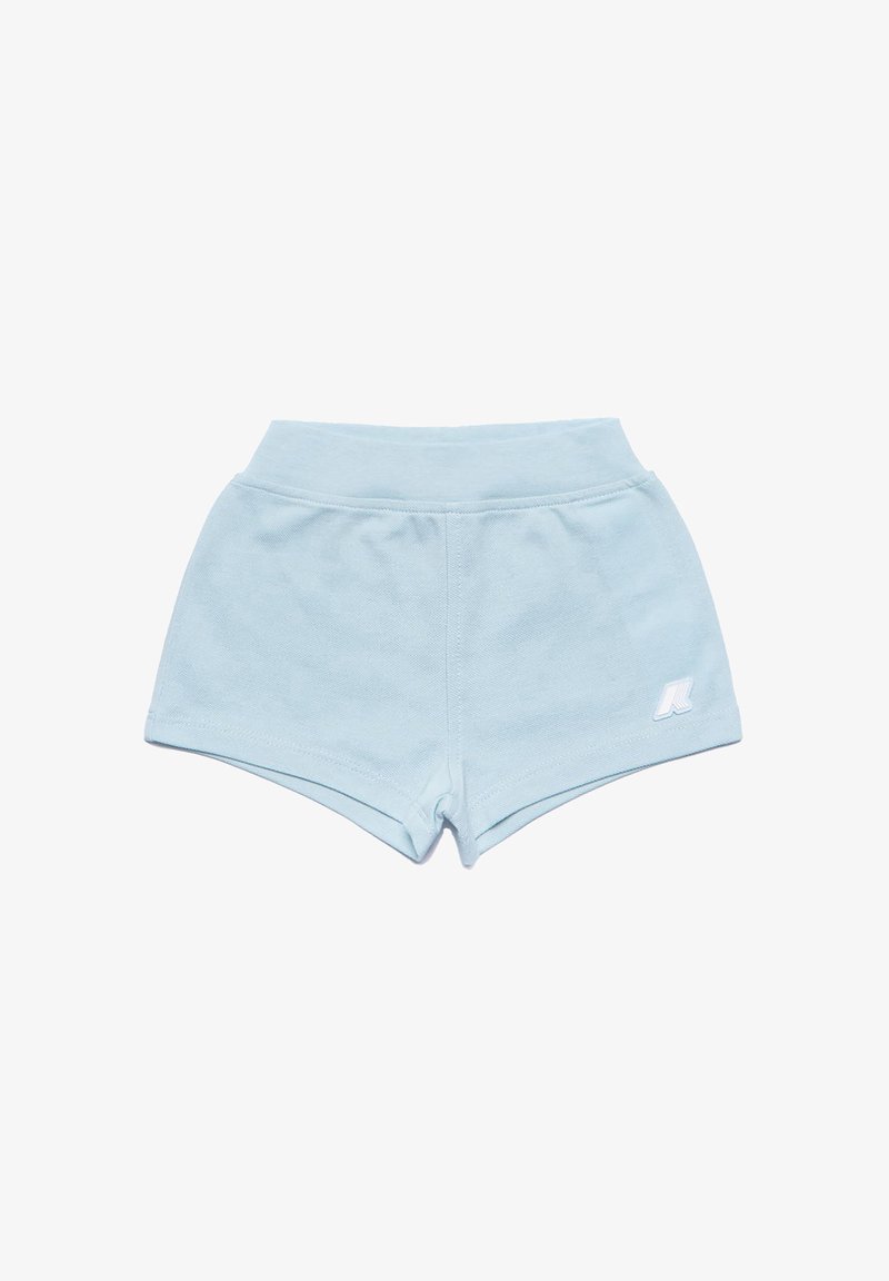 Shorts in cotone azzurro chiaro con vita alta, caratterizzati da una finitura testurizzata e un piccolo logo bianco sul lato.