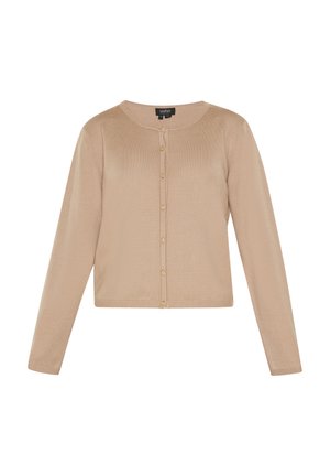 Beige kudumikardigan pikki varrukatega, ümmarguse kaelusega ja nuppudega esiäärisega. Omab sileda tekstuuri ja veidi lühendatud lõiget.