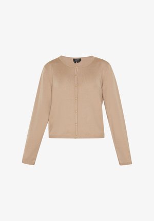 Bež pletena jakna z dolgimi rokavi, okroglo izrezano in s sprednjim zapiranjem na gumb. Ima gladko teksturo in rahlo skrajšan kroj.