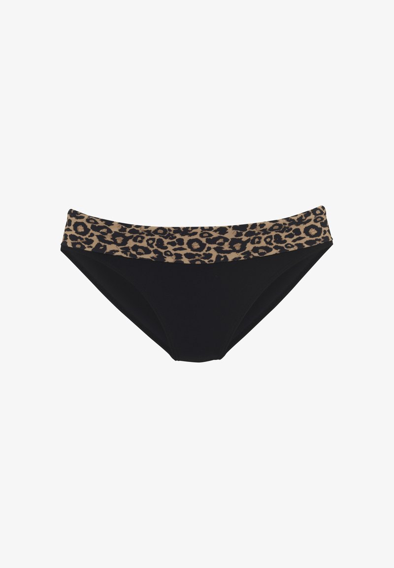 Schwarze Bikini-Unterhose mit einem Taillenbund im Leopardenmuster. Hergestellt aus glattem Material, bietet sie einen tiefen Schnitt und ein schlichtes Design.