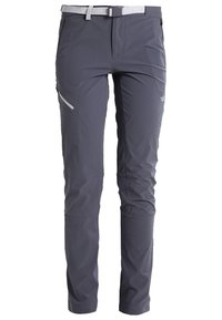 Pantalon d'extérieur gris foncé à coupe ajustée avec une ceinture réglable gris clair et une poche zippée sur la cuisse droite.