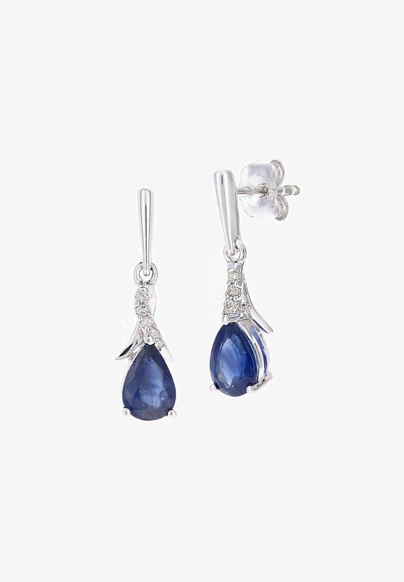 Silberne Tropfenohrringe mit birnenförmigen blauen Edelsteinen, akzentuiert mit kleinen klaren Steinen und einer polierten Oberfläche.
