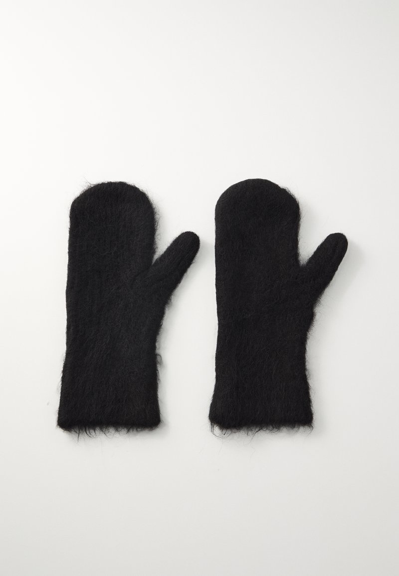 Schwarze wollene Handschuhe mit einer flauschigen Textur, abgerundeten Oberseiten und separaten Daumenfächern. Weiches und warmes Material mit einem schlichten Design.