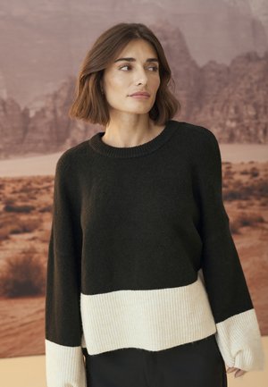 Maglione nero e crema con orlo e polsini a coste. Maniche svasate, scollatura a girocollo, texture morbida e design corto.