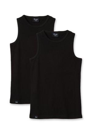 Dos camisetas negras sin mangas con cuello redondo y etiquetas de talla mediana, apiladas con una ligeramente detrás de la otra sobre un fondo blanco.
