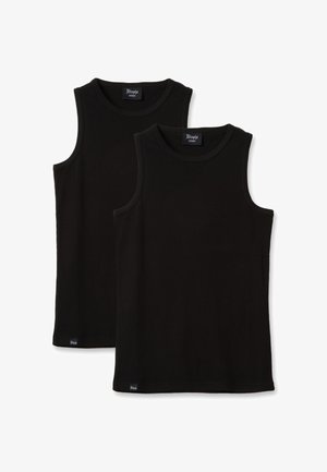 Zwei schwarze ärmellose Rundhals-Tanktops mit mittelgroßen Etiketten, übereinander gestapelt, wobei eines leicht hinter dem anderen auf einem weißen Hintergrund liegt.