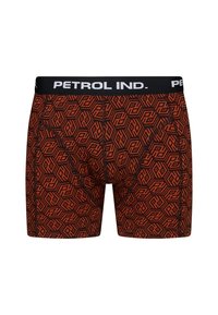 Boxeri pentru bărbați în model geometric portocaliu și negru, având un brâu elastic negru cu branding alb „PETROL IND.”