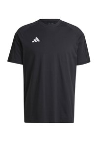 Maglietta sportiva nera a maniche corte, con scollatura rotonda, realizzata in tessuto leggero con una texture liscia. Presenta un logo Adidas bianco sul lato sinistro del petto.