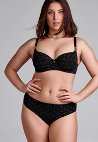 Černá podprsenka a odpovídající kalhotky s texturovaným vzorem, zlatými akcenty, tvarovanými košíčky a nastavovacími ramínky. Hladký povrch látky.