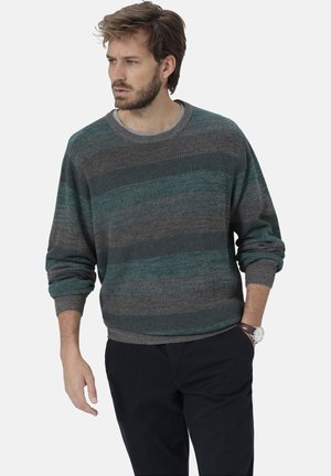 Strickpullover mit rundem Halsausschnitt in grau und türkisfarbenen horizontalen Streifen. Mit gerippten Bündchen und Saum, aus weichem Stoff gefertigt.
