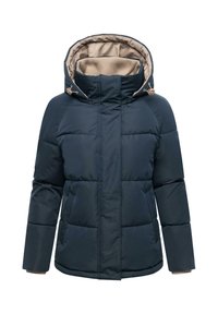 Marinblå vadderad jacka med hög krage, beige foder och snörhuva. Har stora framfickor och ribbade muddarna för värme.